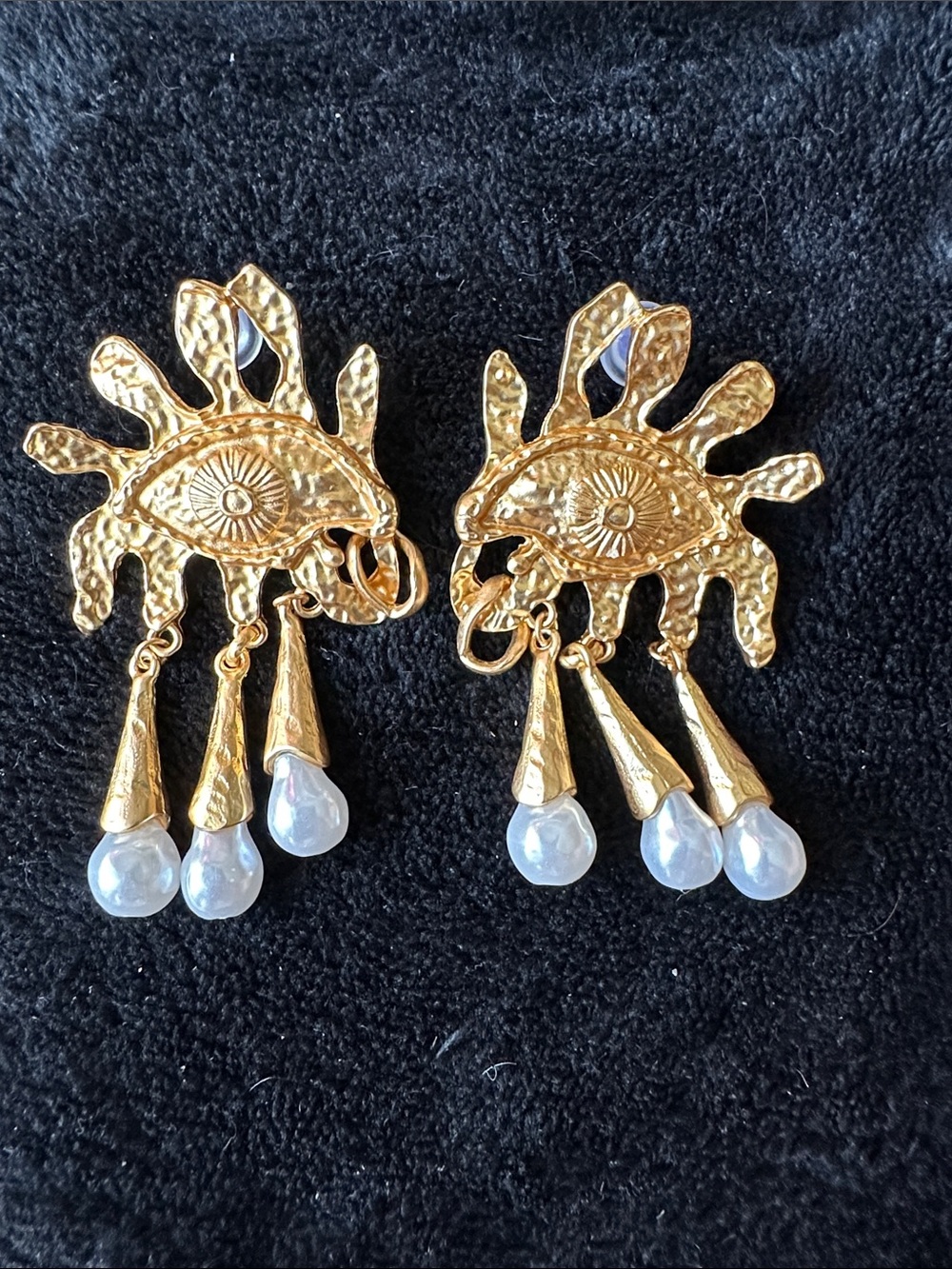 Gold Eye Motif Dangle Earrings with White Pearl Drops